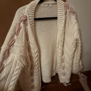 Altar'd State Cream Cable-Knit Cardigan with Blush Ribbon Accents
